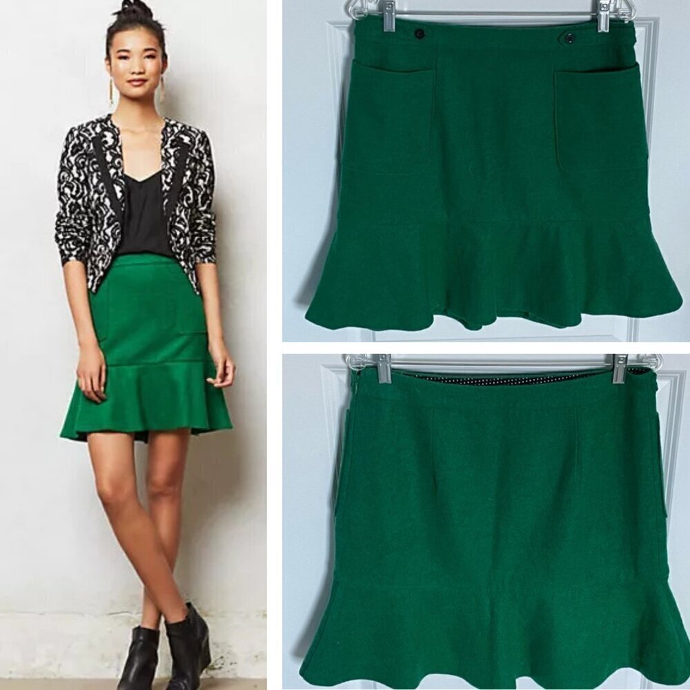Maeve by Anthropologie Green Wool Blend Flared Mini Skirt Size 12 35464